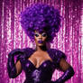 Ebony drag queen with big purple hair, long eyelas
