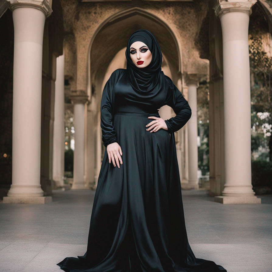 Middle Eastern drag Queen bimbo in a black satin h