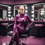 A bald woman a plum colored latex catsuit in a hai