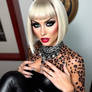 Drag queen with an asymmetrirc bob hair cut, heavy