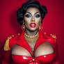 Ebony drag queen, huge breasts big red lips, blue