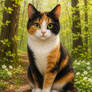Calico cat sitting on a tree stump in the forest