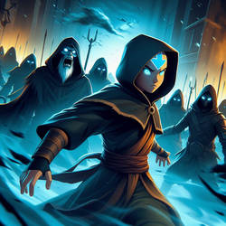 Avatar aang leading a army off dark Ninja.