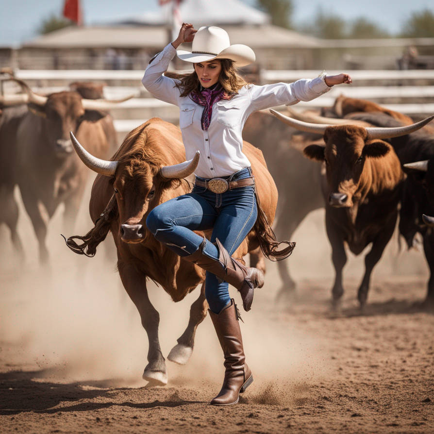 Cowgirl Dancing On Rodeo With Bulls by imayinstore on DeviantArt