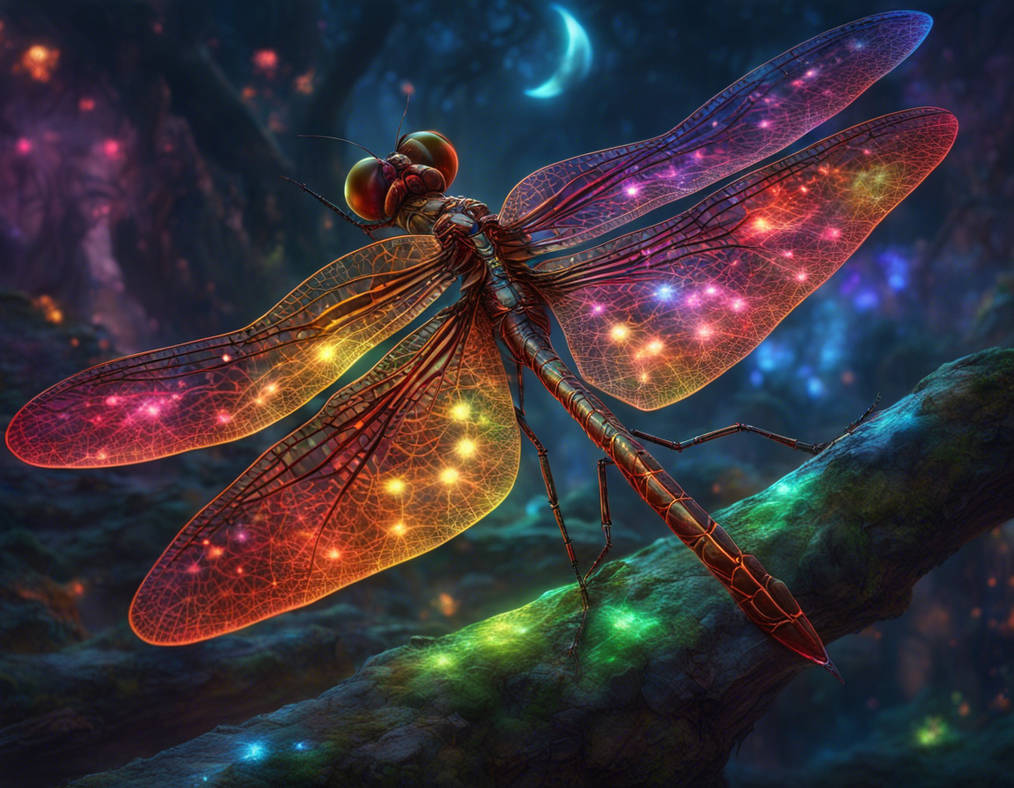 A dragonfly made entirely of multi colored luminou
