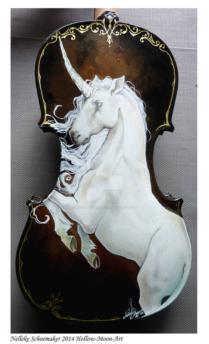 Prancing unicorn handpainted violin with gemstones by Hollow-Moon-Art