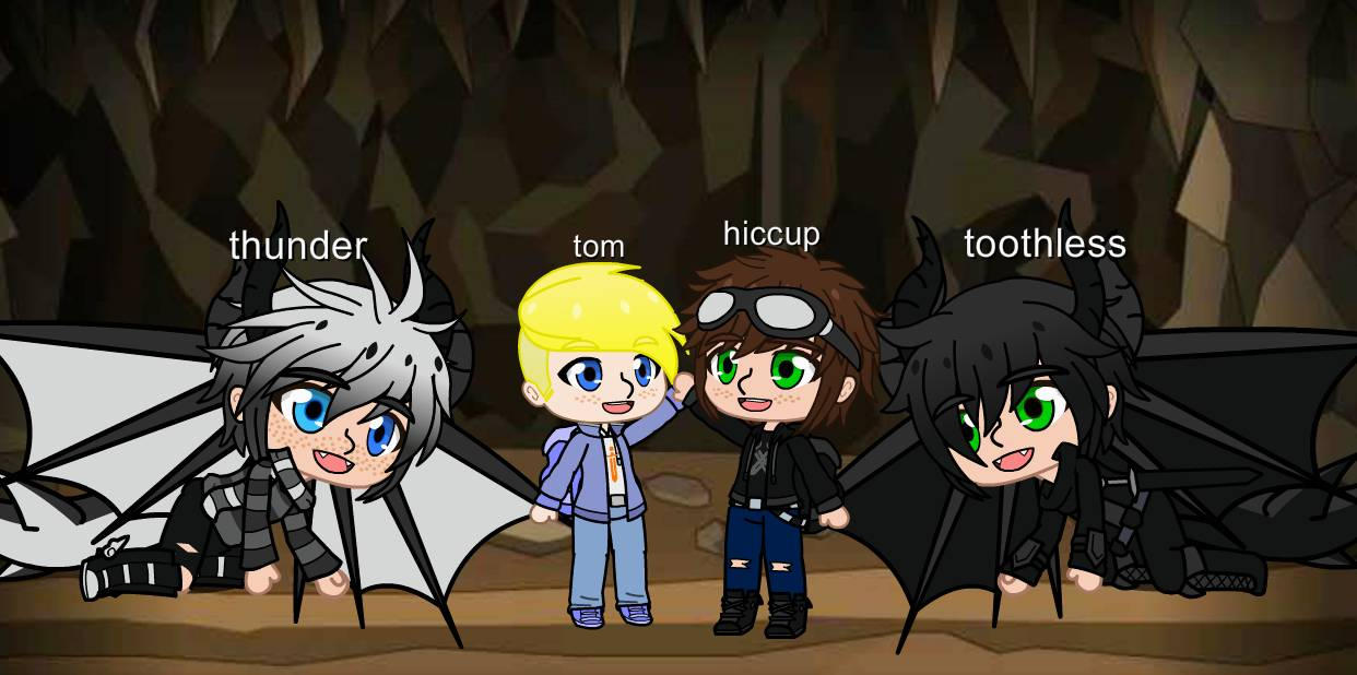 Hiccup and Tom with toothless and thunder in cave by hgbbhin on DeviantArt