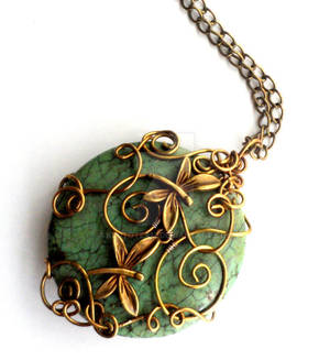 Green turquoise brass wire wrapped pendant