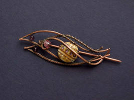 Copper brooch, wire jewelry lilac and yellow glass