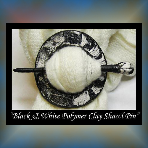 Black and White Polymer clay Shawl Pin