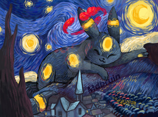 starry night pokemon card Holo Umbreon or Espeon caf terrace / Custom holographic MarinkiArt Umbreon starry night van gogh