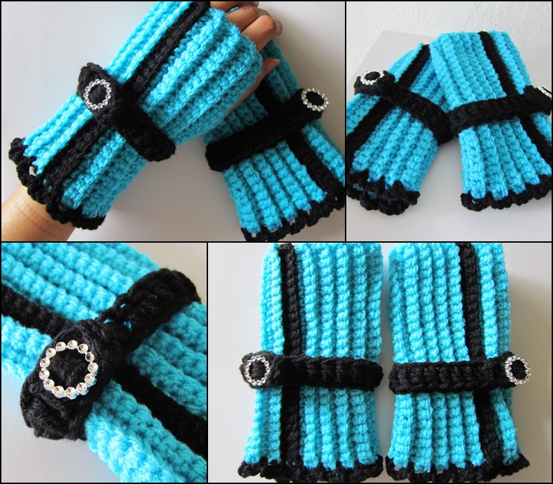 Aqua and Black Embellished Fingerless gloves