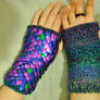 Knitted Scale Gauntlets in purple, blue and green