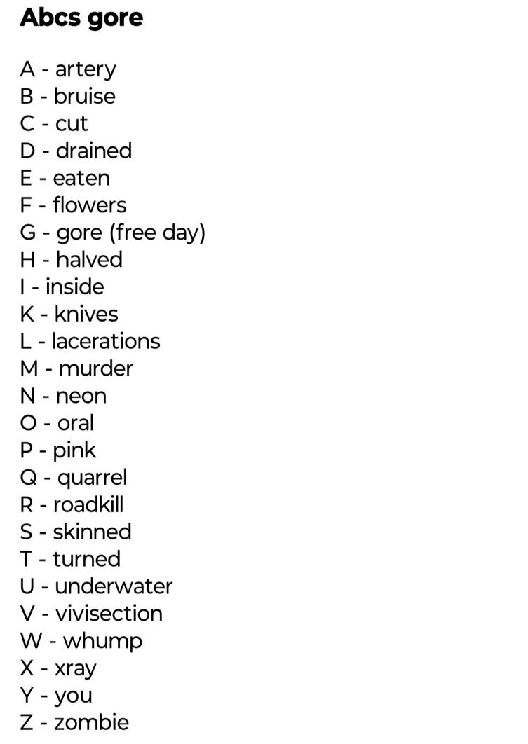 Abcs of gore prompt list by BATTMEAT on DeviantArt