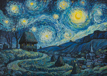 A romanian starry night - oil painting