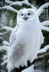 A majestic adult snow owl in a winter forest by nightyrighty