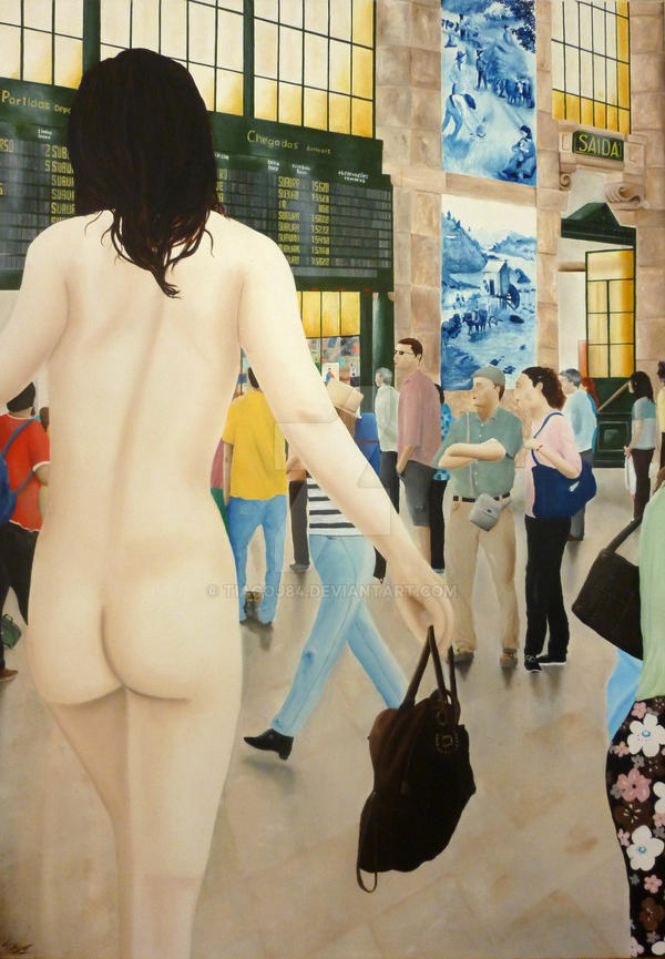 Naked girl on train station