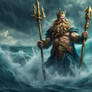 King Neptune rising from a stormy sea