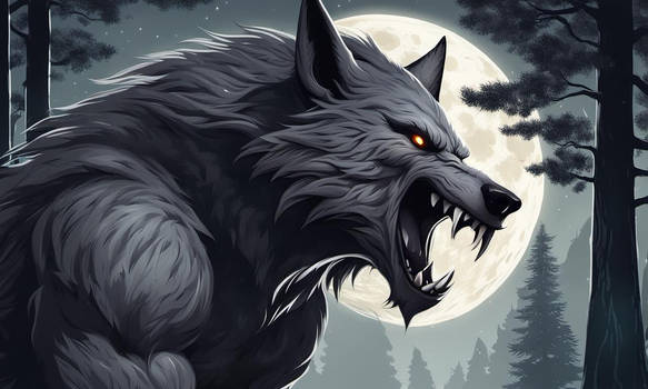 Realistic Large Grey Werewolf in forest howling