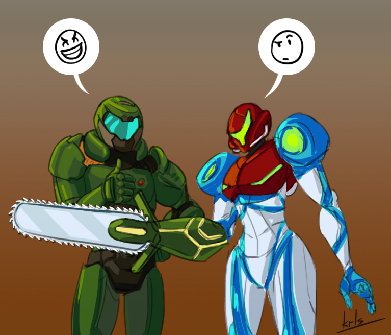 Doomslayer giving Samus some pointers