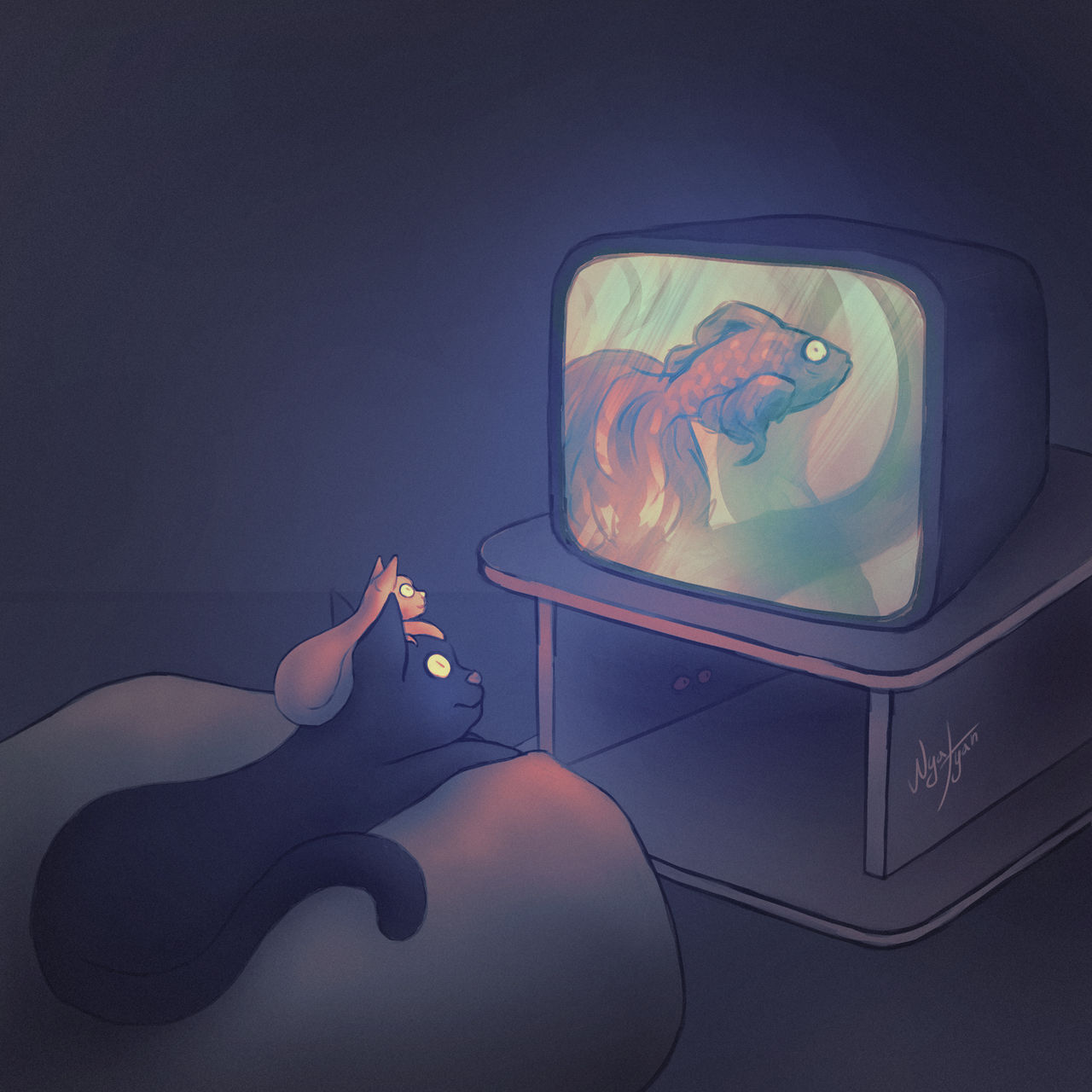 Beautiful view of Drooling While A Cat Is Watching Tv On Bed