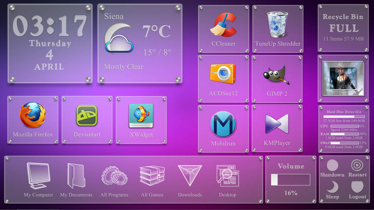 Desktop with XWidget and my Pure Glass Widgets by Jimking on DeviantArt