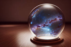 Milky Way in a snow globe on a wooden table