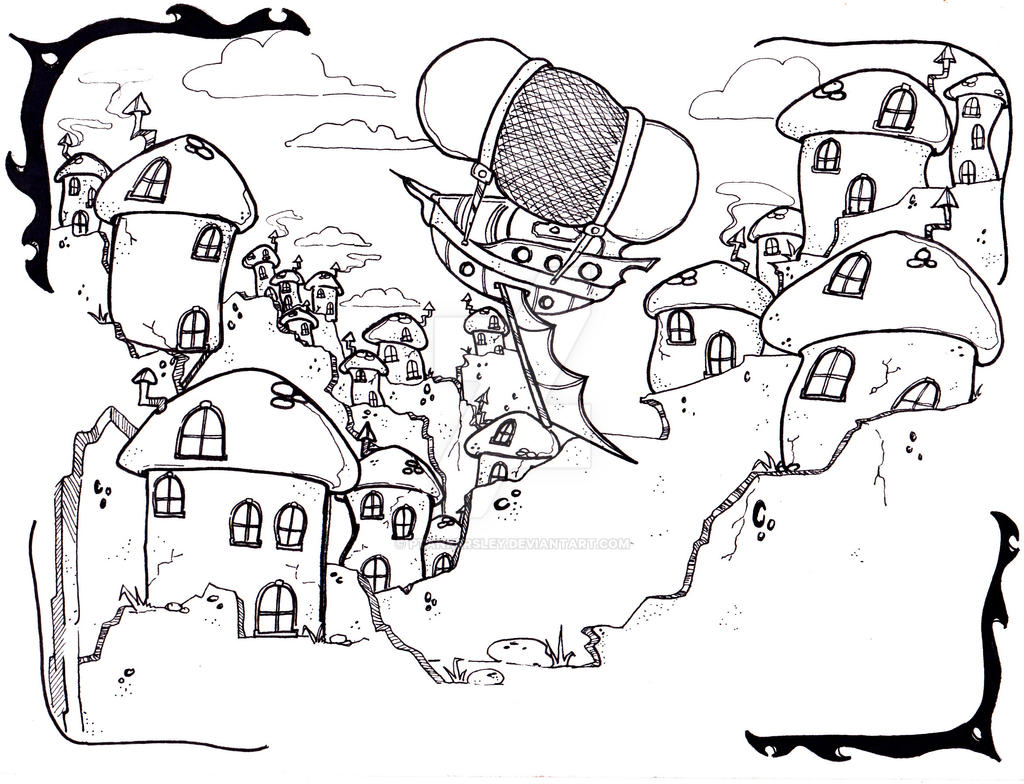 River Side Mushroom House Lineart Design Embroidery River Side Mushroom House Lineart Design Embroidery