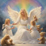 Blonde caucasion female angel in a white shimmerin