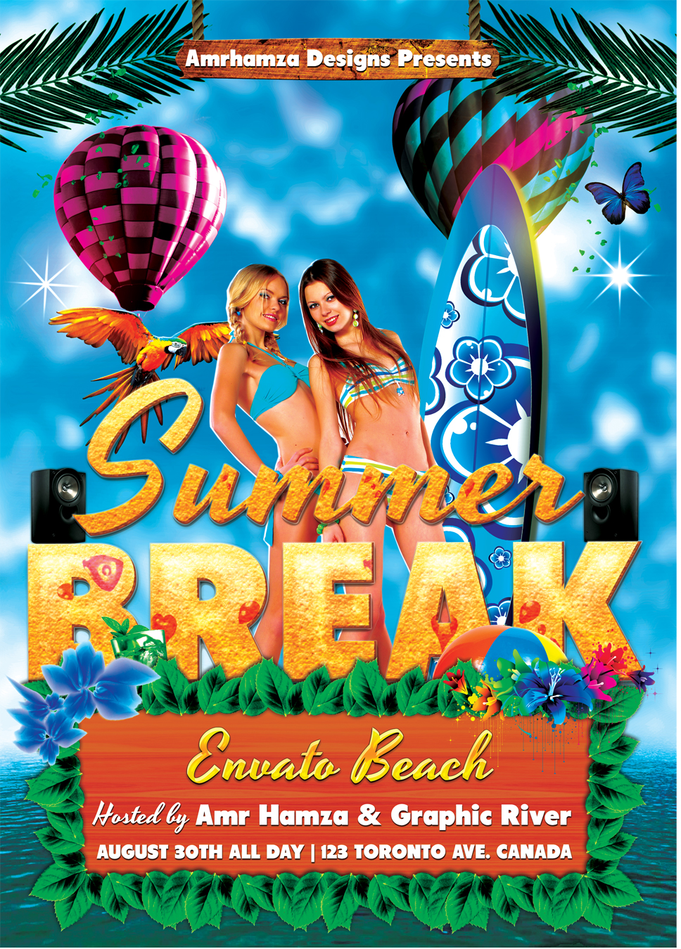 Summer Beach pool Spring Break poster template A4