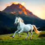 A white stallion galloping across a green pasture