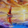 Boat at sunset - oil painting. Seascape.