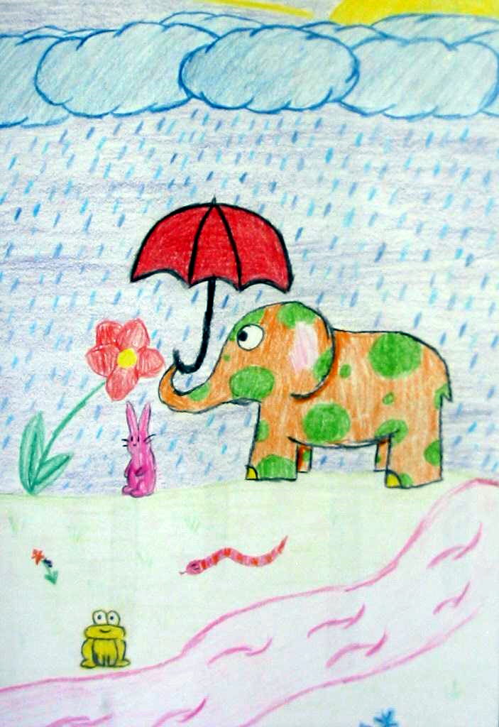 Orange elephant, red umbrella