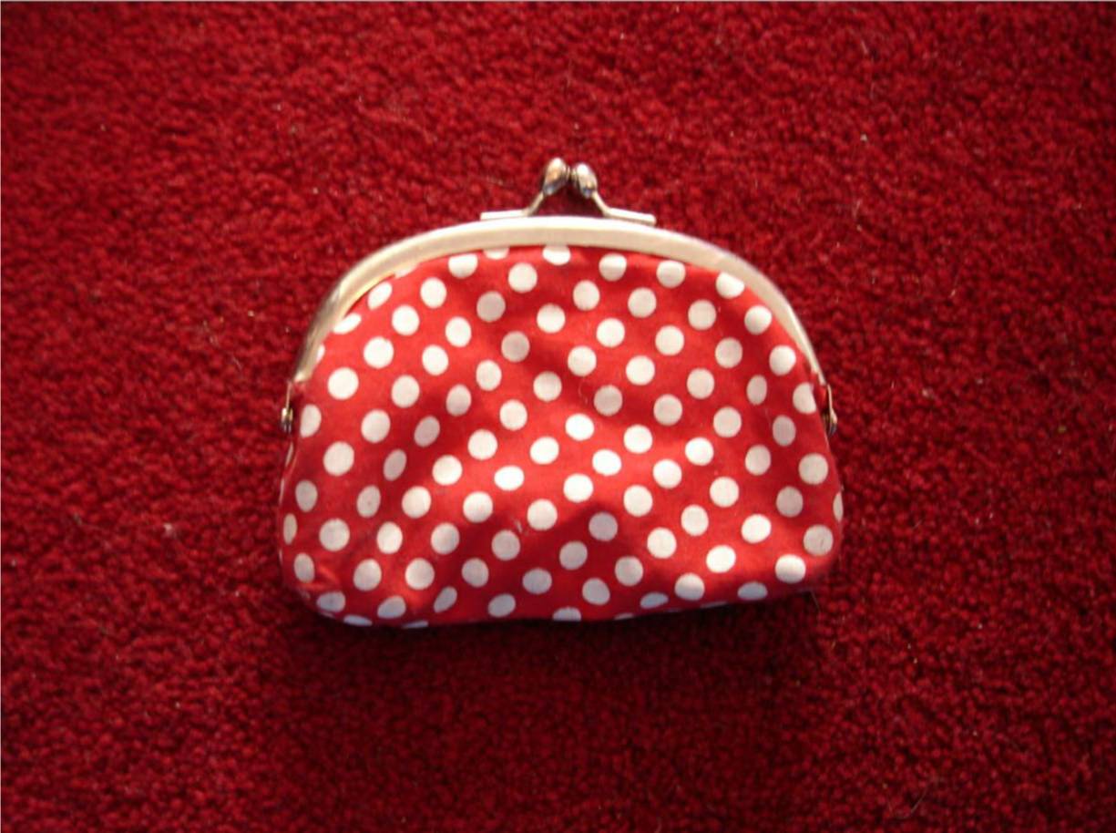 red+white polka dot purse