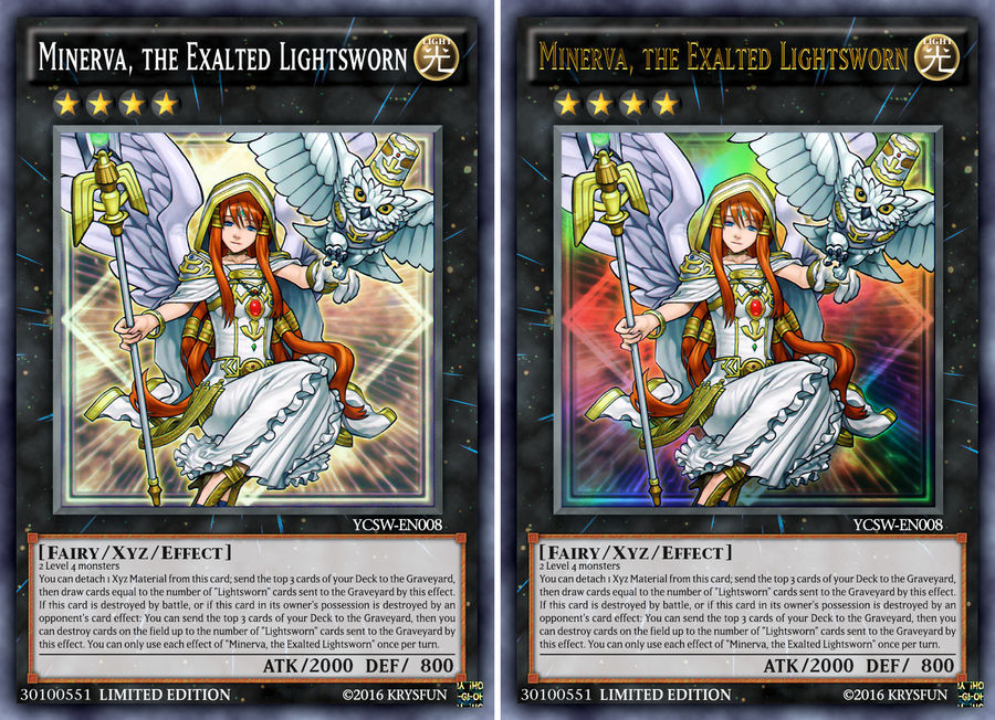 minerva yugioh card Minerva, the Exalted Lightsworn Type: Monster Attribute: Light Type: Fairy/Xyz Rank: 4 Attack: 2000 Defense: 800 Description: Level 4 monsters You can detach 1 material from this card; send the top You can only use each effect of Minerva Minerva, the Exalted Lightsworn (