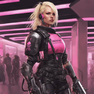 Cyberpunk blonde girl pink black armour mall clean