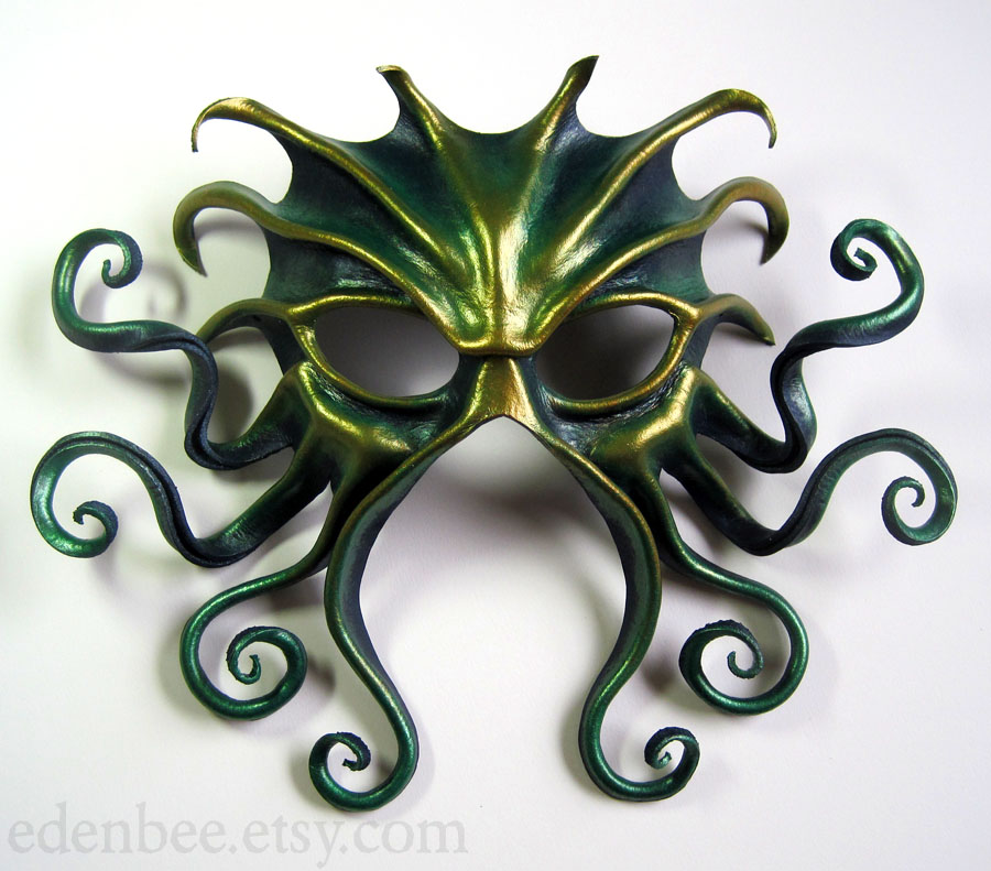 Large Cthulhu mask, green, gold, and midnight blue