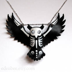 Owl Silhouette and Skeleton Leather Pendant