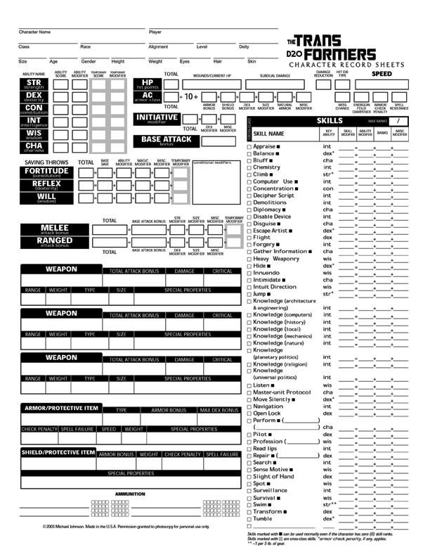 TransFormers D20 Sheet By Almechazel On DeviantArt
