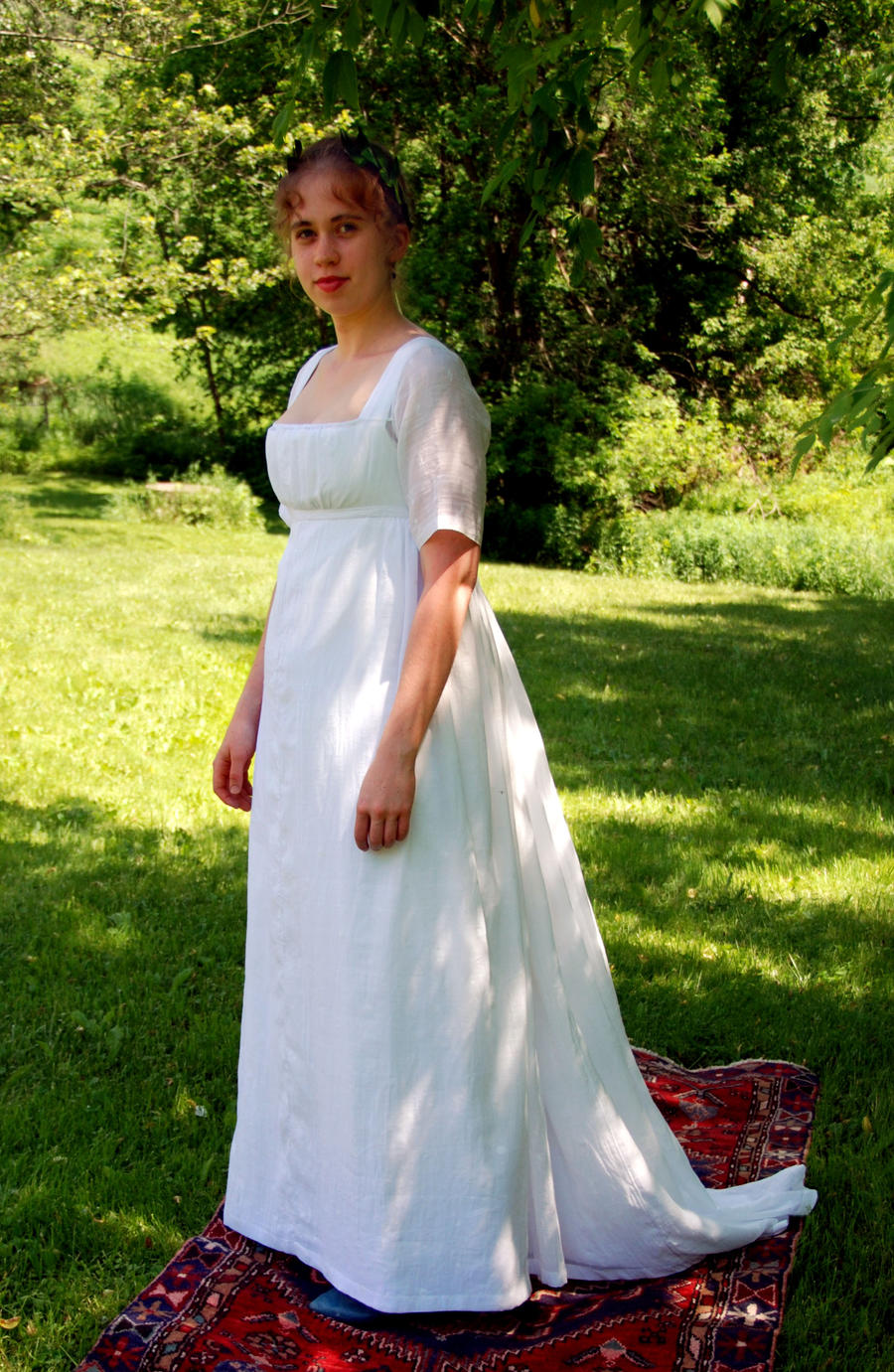 regency white dress Dress, Empire Dress, Cotton Batiste With Embroidery in the Style of the Early 19th Century Then the front panel pins at the sides of the breast while a tie goes around the trunk and secures with a bow Regency woman in white muslin