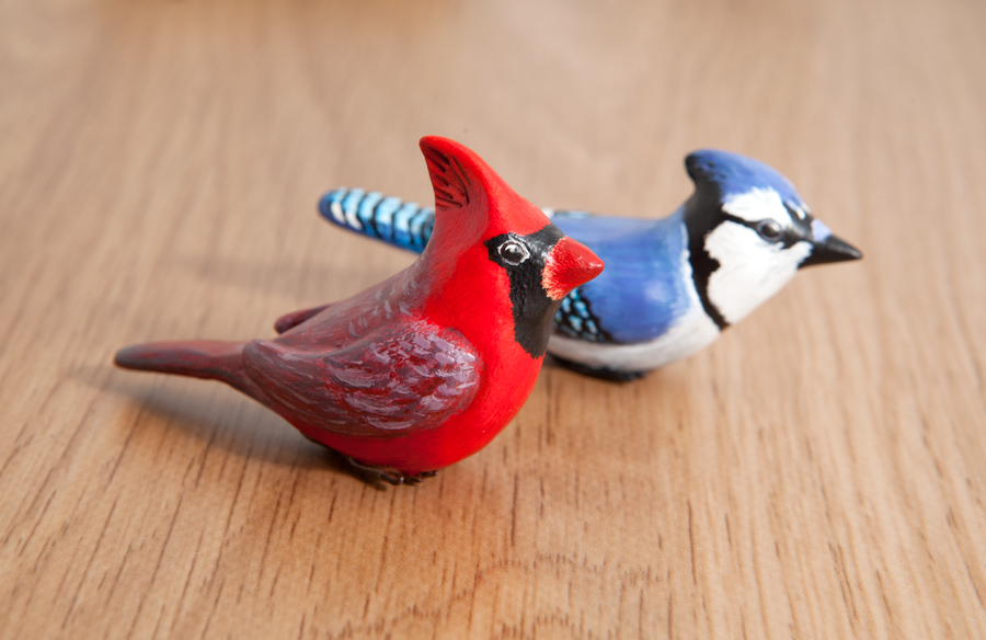 Cardinal and blue jay figurines, polymer clay