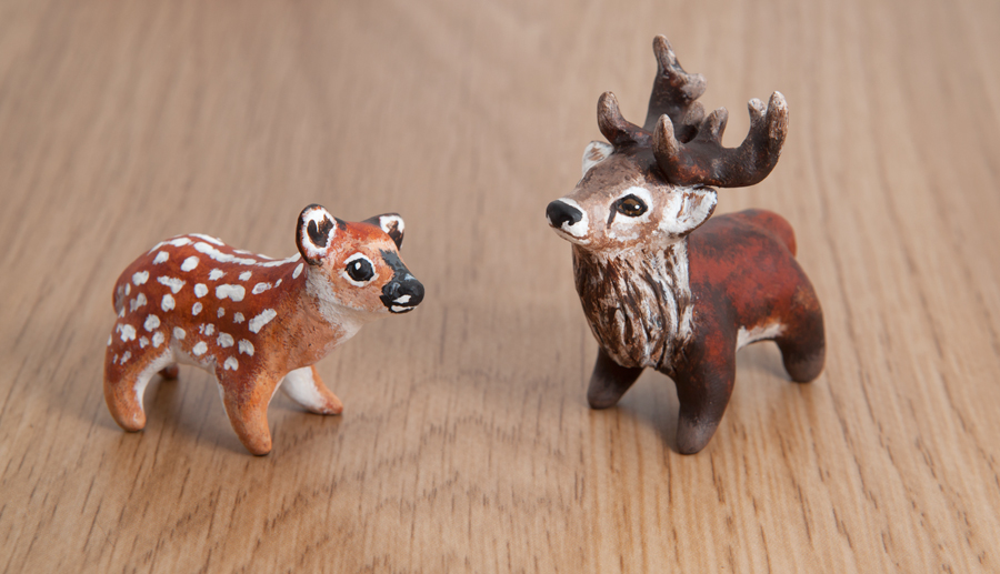 Stag and fawn polymer clay totems