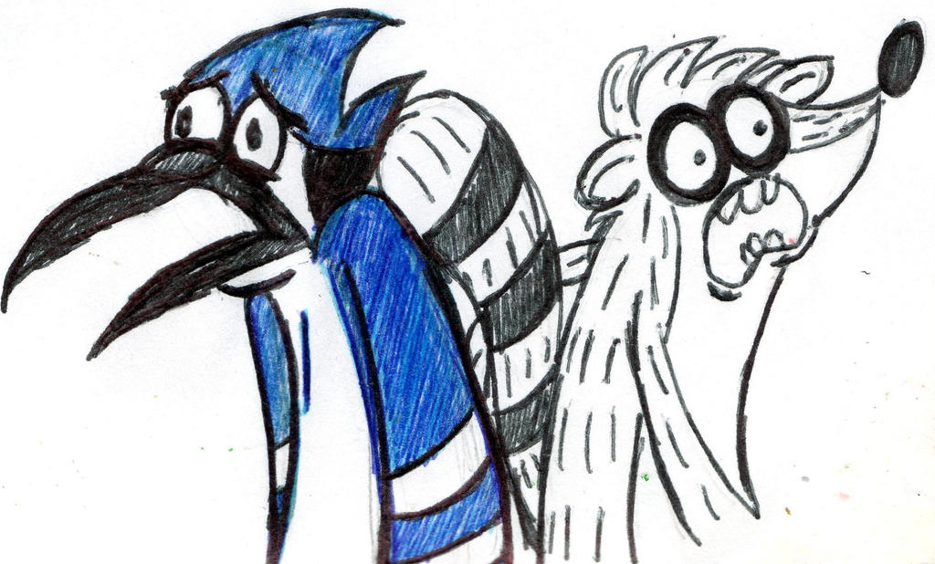 Mordecai and Rigby-scared or OMG looks