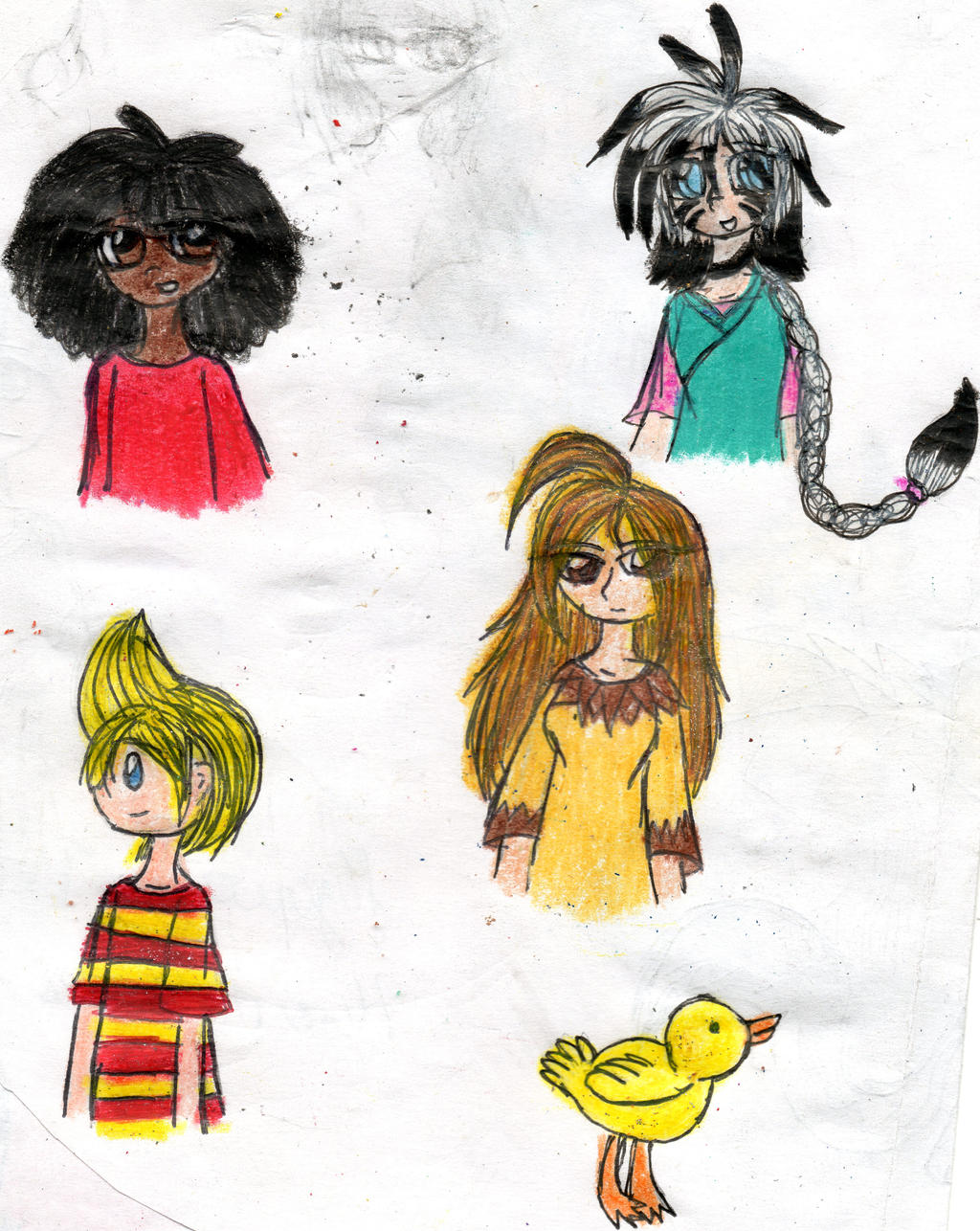 a baby duck, Lucas, Xan, Suzume and Deneb doddles