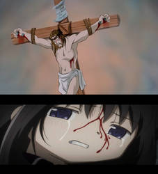 Homura cries over Jesus' death