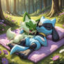 Sprigatito and Riolu sleeping in forest
