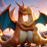 Charizard and Dragonite in romantic embrace