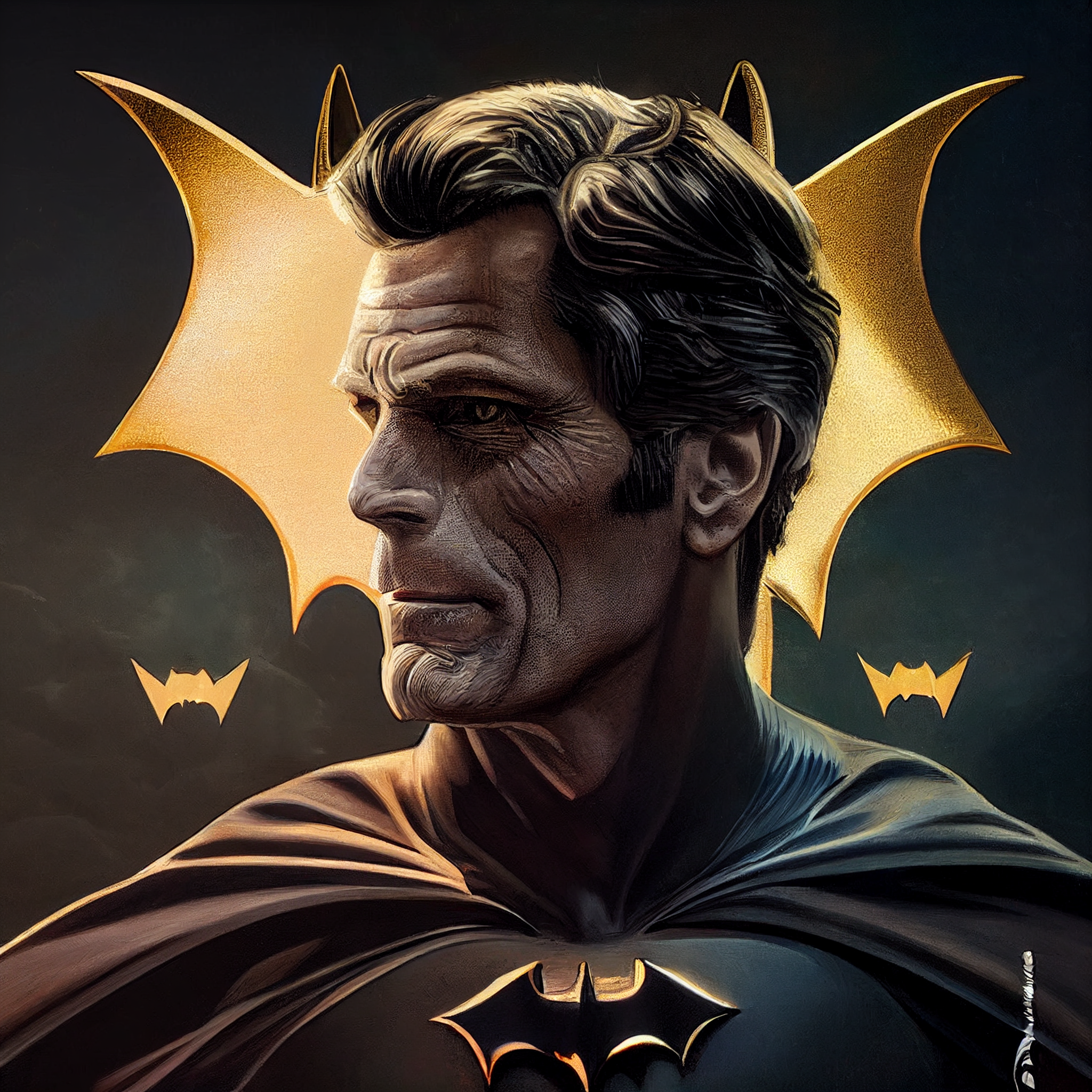 Something a bit different here. I painted over a picture of a young Kevin  Conroy in the style of the 1970s batsuit. . #batman #brucewayne…