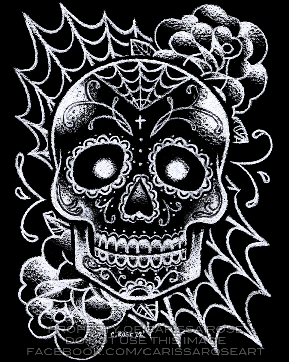 Black and White Sugar Skull Tattoo Flash