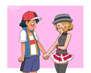 Ash and Serena nervously holding hands